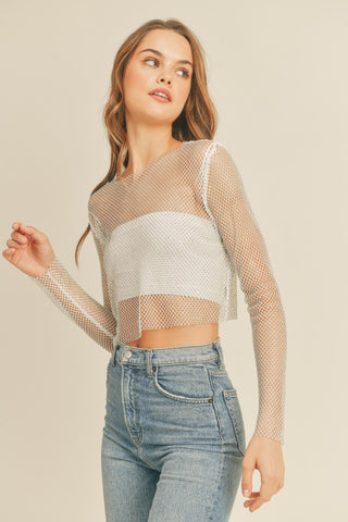 Embellished Mesh Long Sleeve Top - White