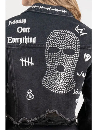 Ski Mask Rhinestone Denim Crop Jacket