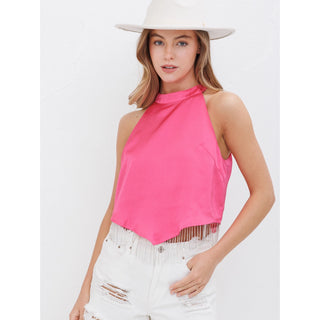 Rhinestone Fringe Halter Crop Top - Fuchsia