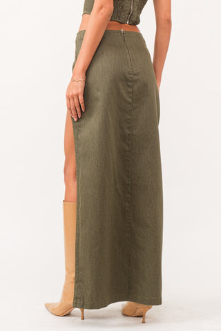 Esme Open-Leg Denim Maxi Skirt