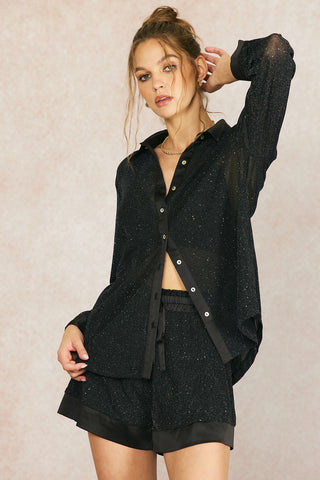 Shiny and Satin Trim Button Down Top