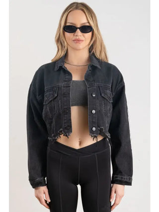Ski Mask Rhinestone Denim Crop Jacket