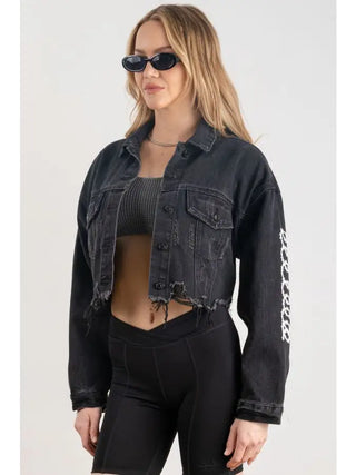 Ski Mask Rhinestone Denim Crop Jacket