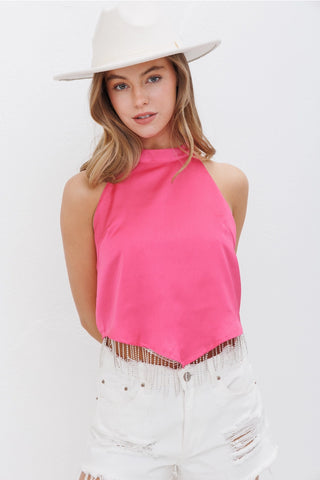 Rhinestone Fringe Halter Crop Top - Fuchsia