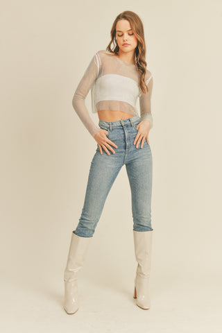 Embellished Mesh Long Sleeve Top - White