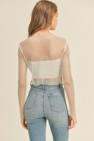 Embellished Mesh Long Sleeve Top - White