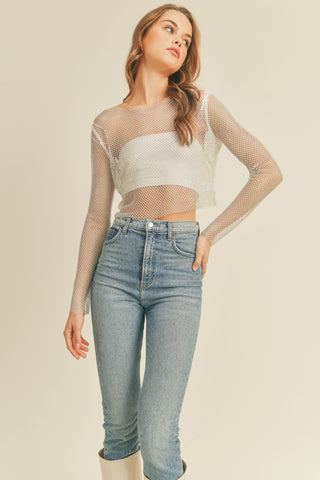 Embellished Mesh Long Sleeve Top - White